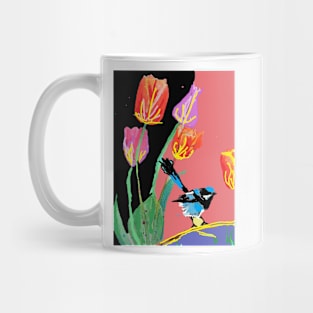 Abstract Blue Wren and Tulips Painting - on Multicoloured Black Pattern Mug